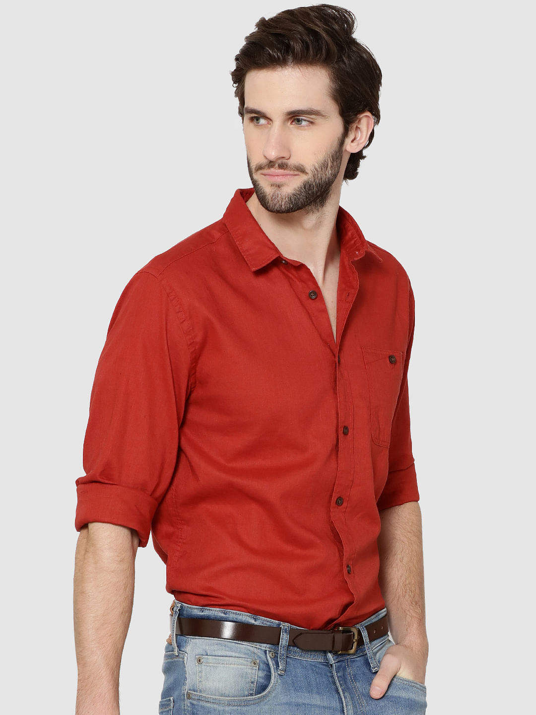 Red One Pocket Full Sleeves Slim Fit Shirt