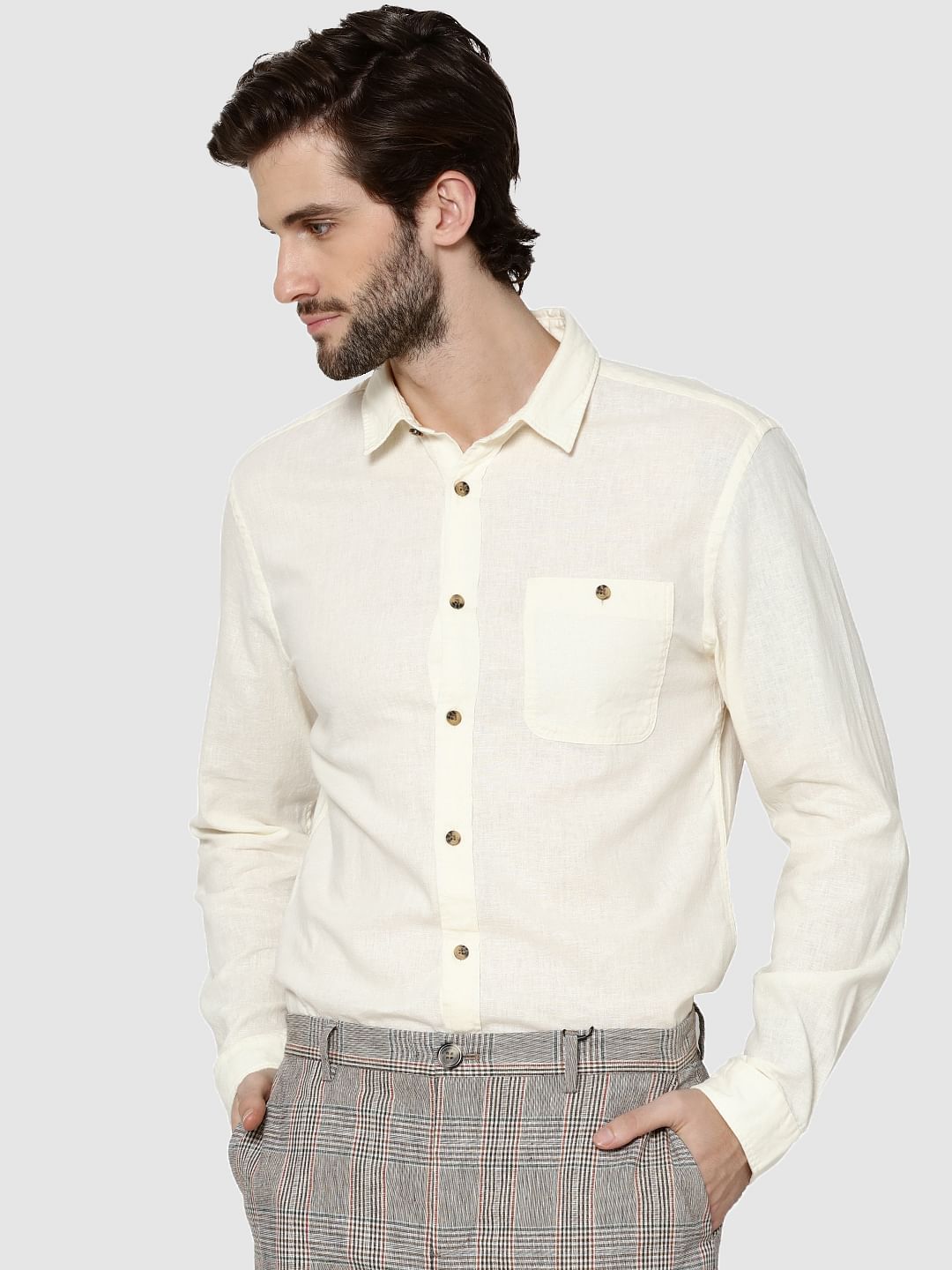 White One Pocket Full Sleeves Slim Fit Shirt - S