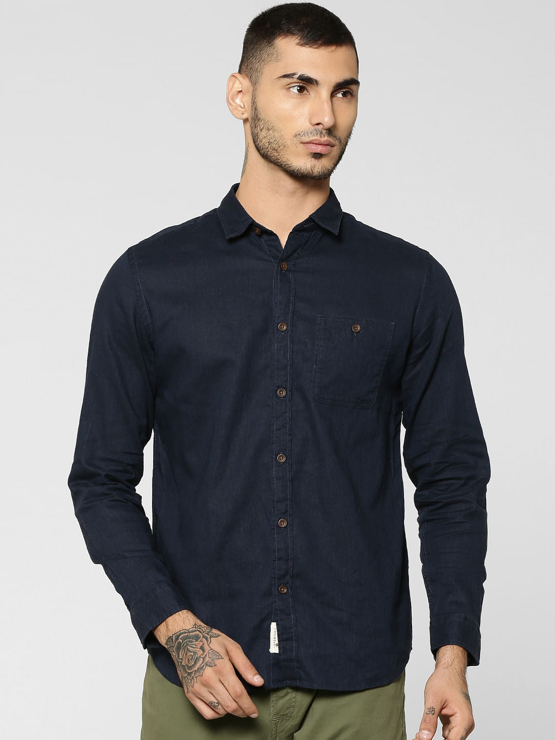 Dark Blue One Pocket Full Sleeves Slim Fit Shirt - S
