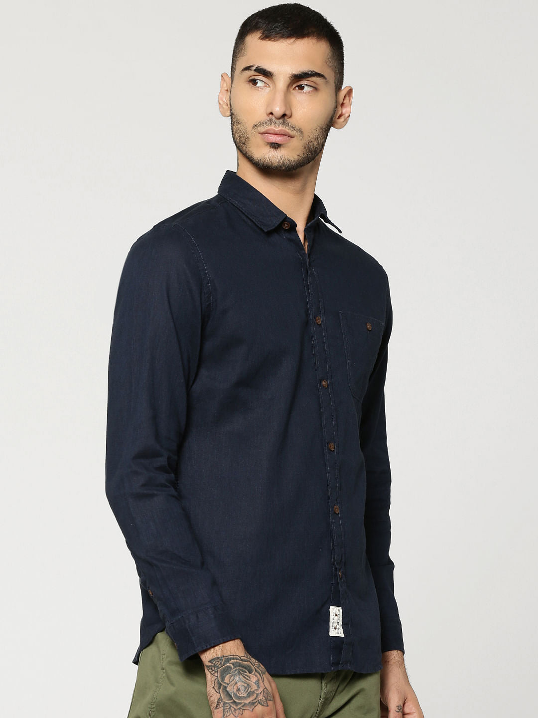 Dark Blue One Pocket Full Sleeves Slim Fit Shirt