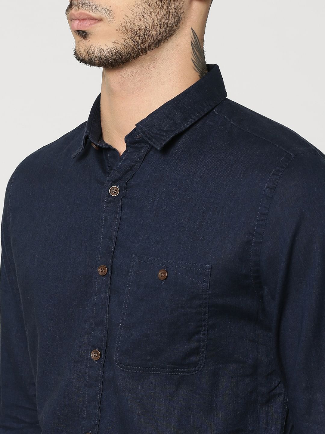 Dark Blue One Pocket Full Sleeves Slim Fit Shirt