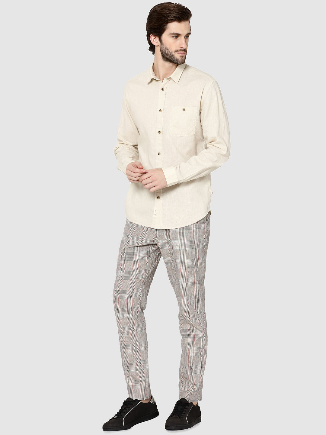 Beige One Pocket Full Sleeves Slim Fit Shirt