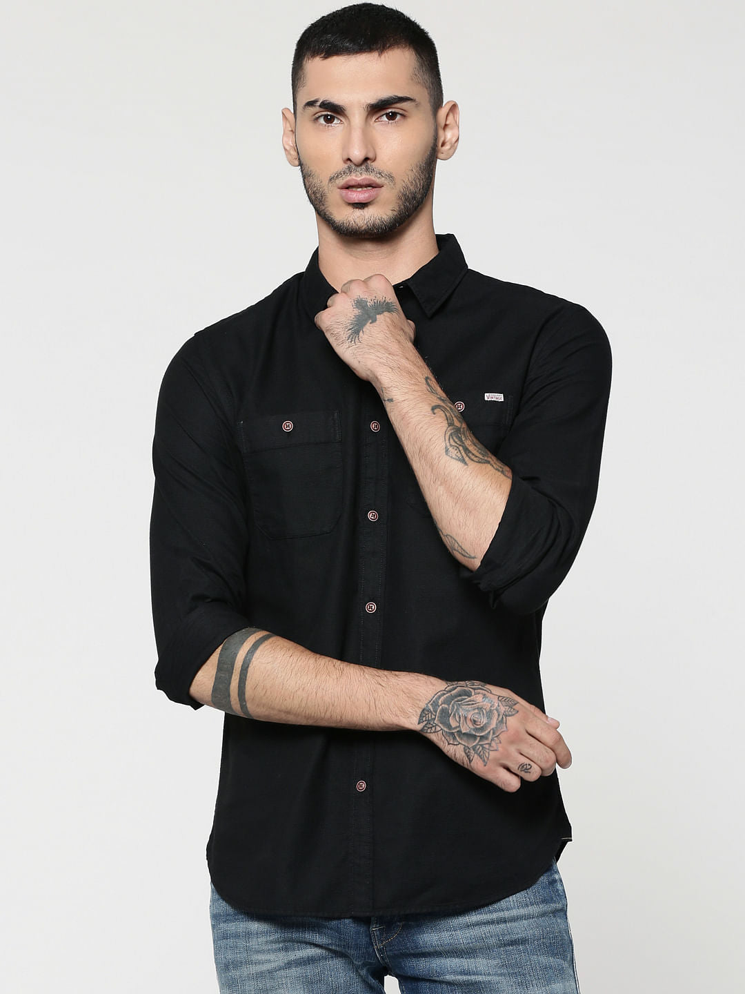 Black Two Patch Pocket Full Sleeves Slim Fit Shirt - S