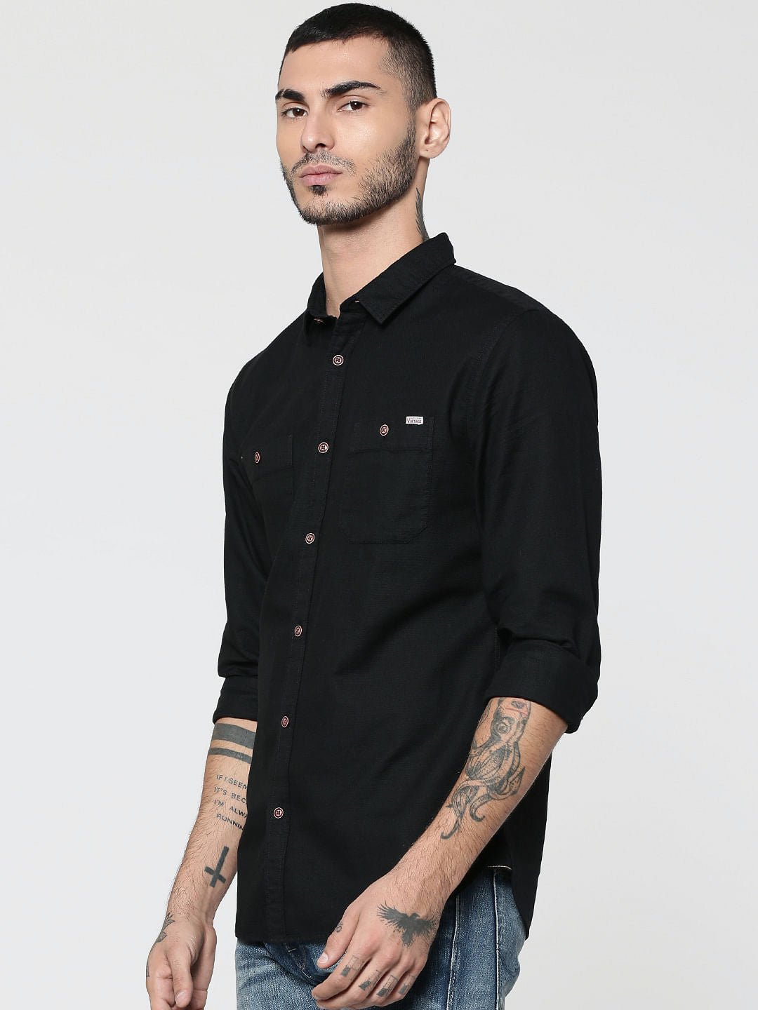 Black Two Patch Pocket Full Sleeves Slim Fit Shirt