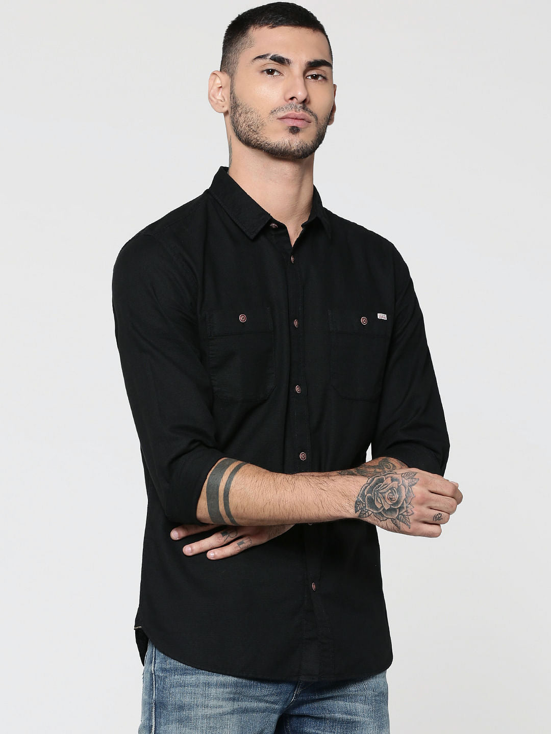 Black Two Patch Pocket Full Sleeves Slim Fit Shirt