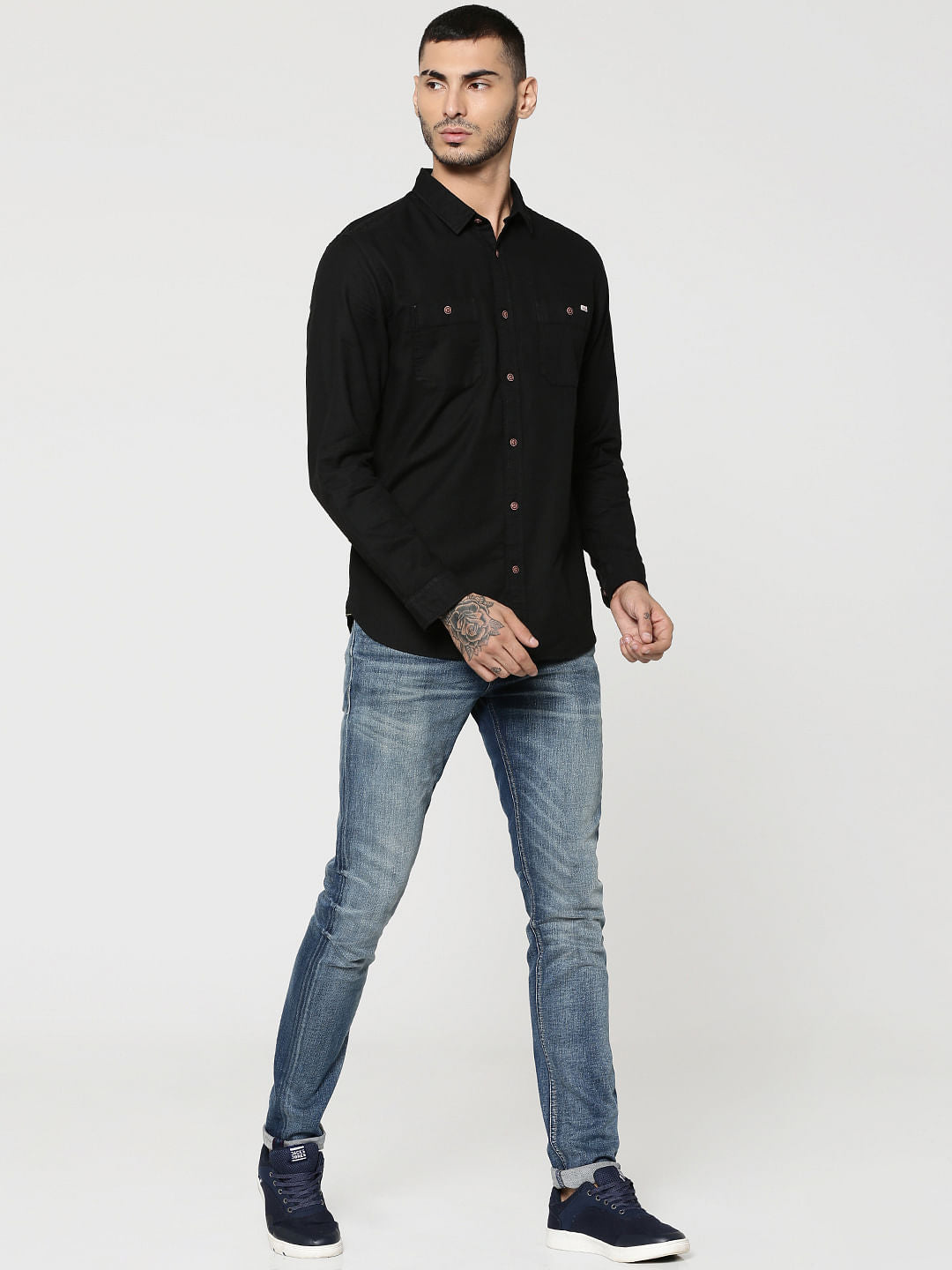 Black Two Patch Pocket Full Sleeves Slim Fit Shirt