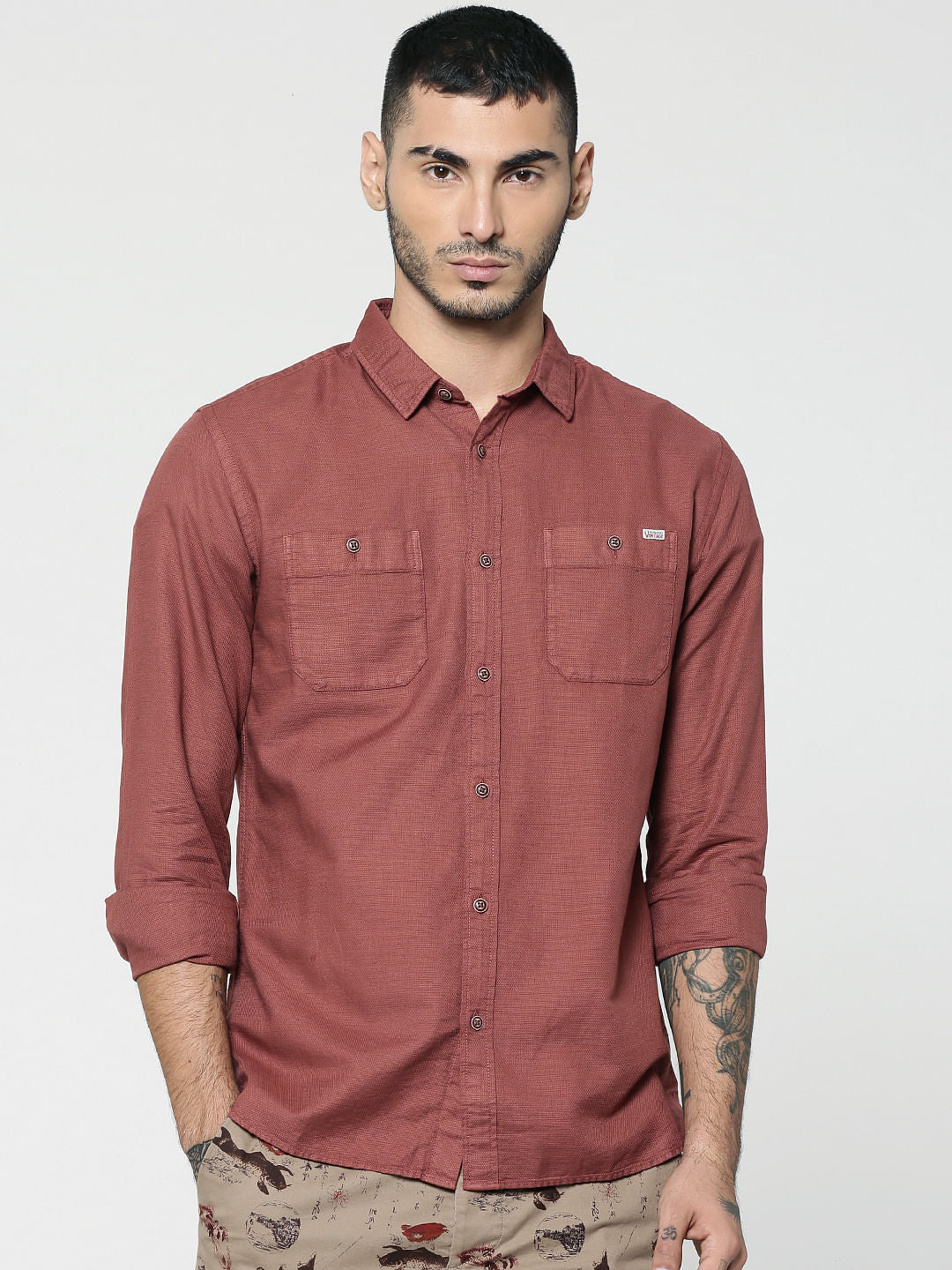 Red Two Patch Pocket Full Sleeves Slim Fit Shirt - S