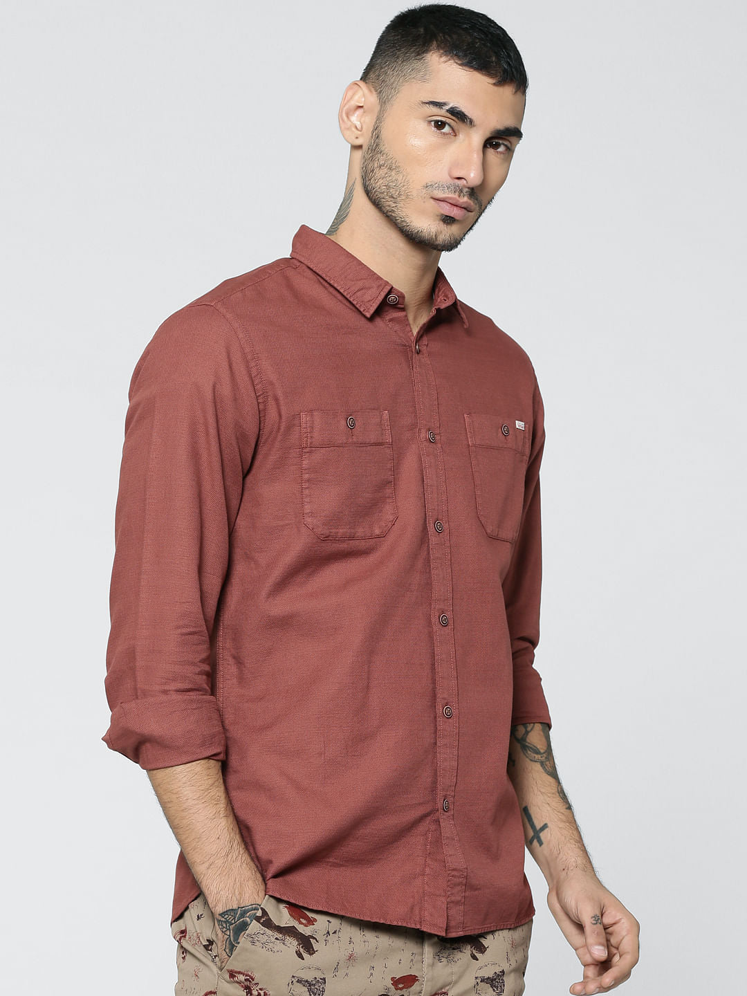 Red Two Patch Pocket Full Sleeves Slim Fit Shirt