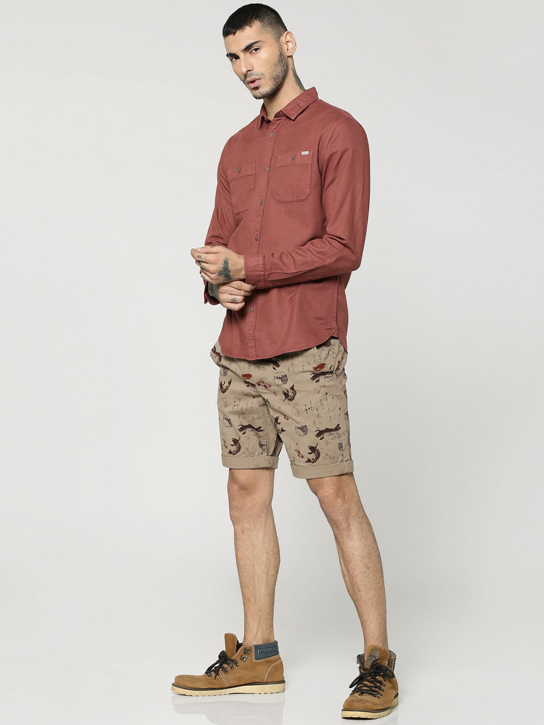 Red Two Patch Pocket Full Sleeves Slim Fit Shirt
