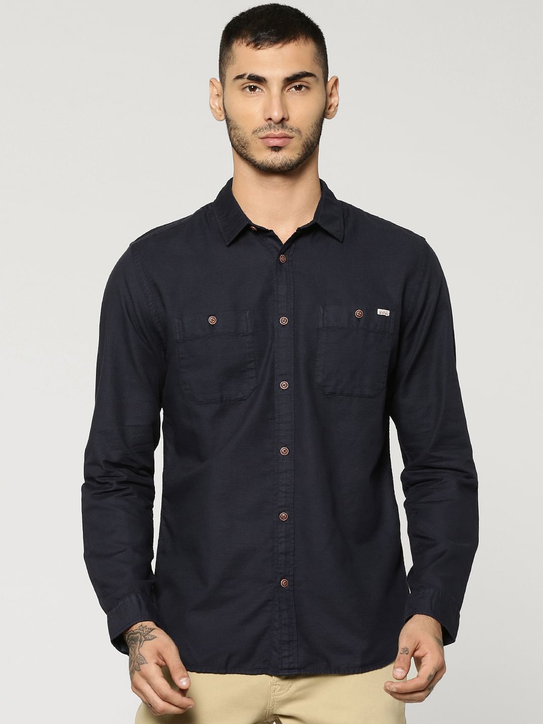 Dark Blue Two Patch Pocket Full Sleeves Slim Fit Shirt - S