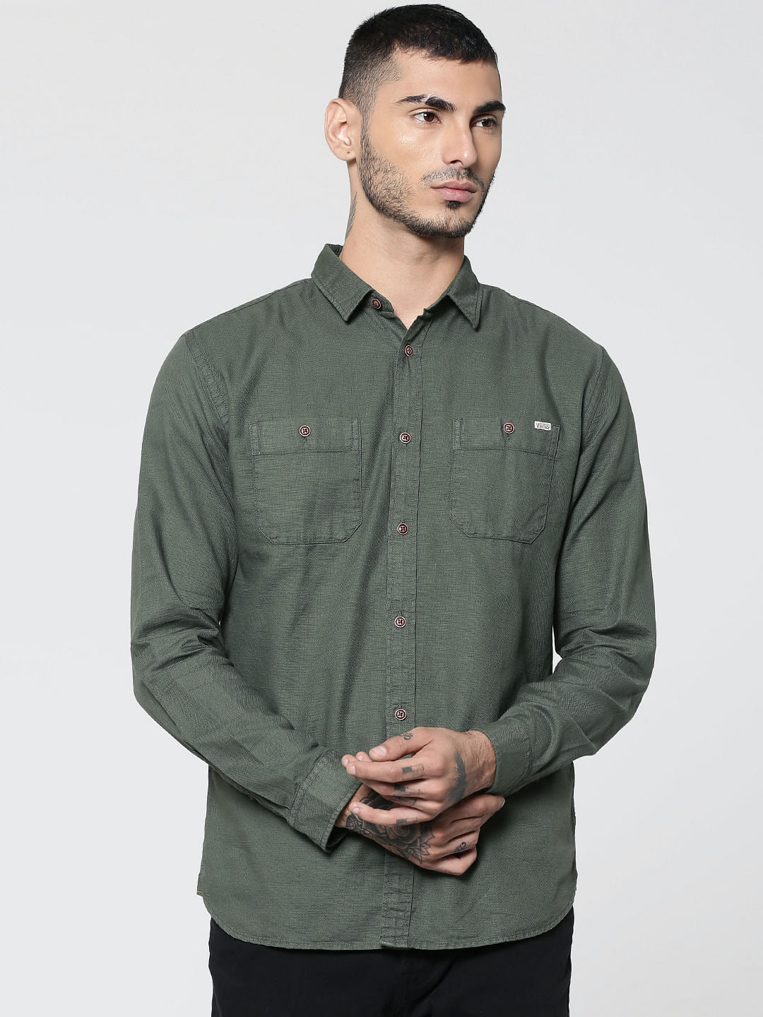Green Two Patch Pocket Full Sleeves Slim Fit Shirt - S