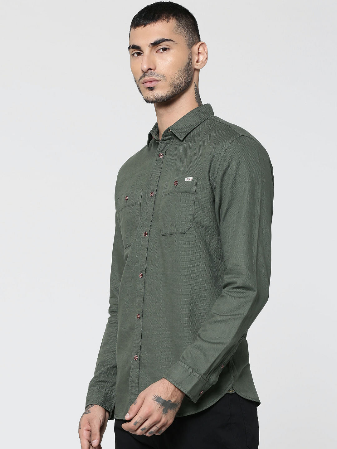 Green Two Patch Pocket Full Sleeves Slim Fit Shirt
