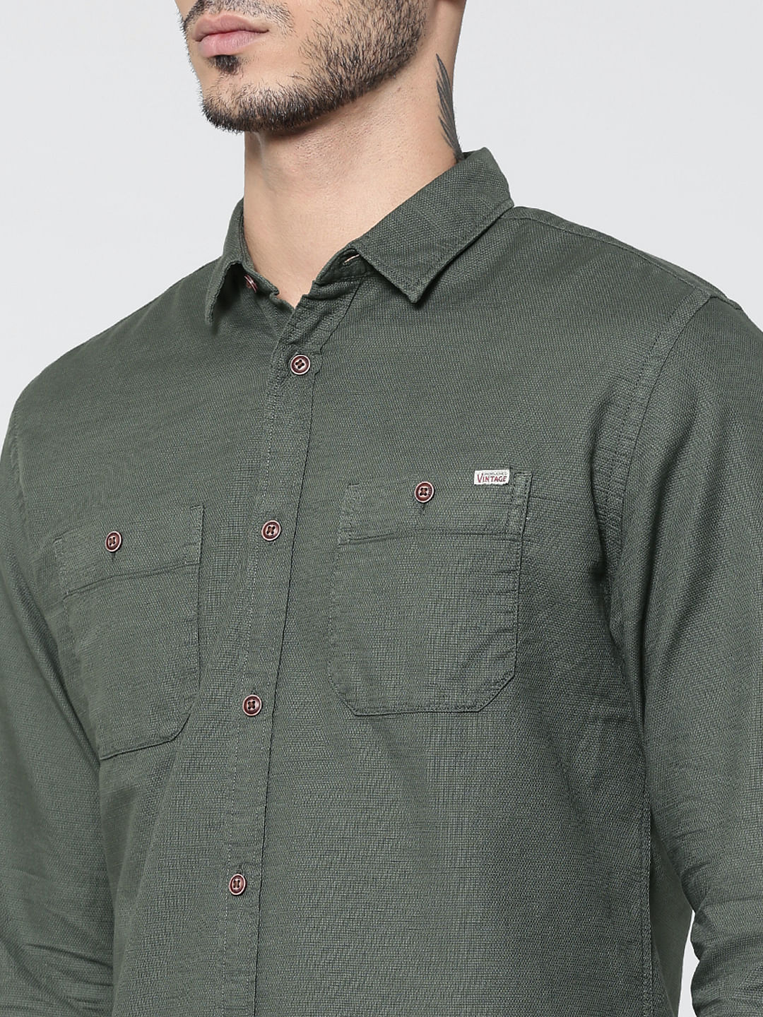 Green Two Patch Pocket Full Sleeves Slim Fit Shirt