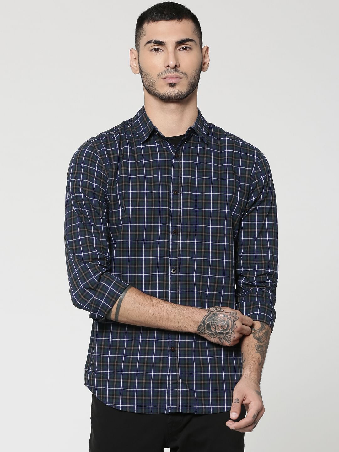 Dark Blue Full Sleeves Check Shirt - S