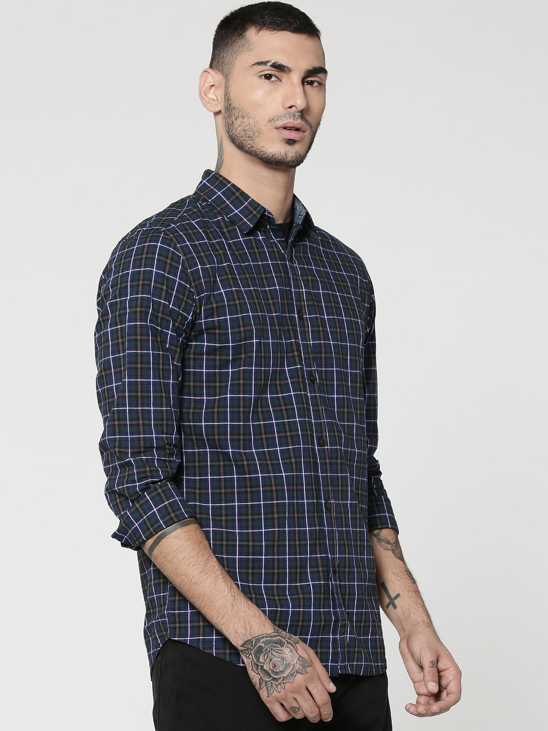 Dark Blue Full Sleeves Check Shirt