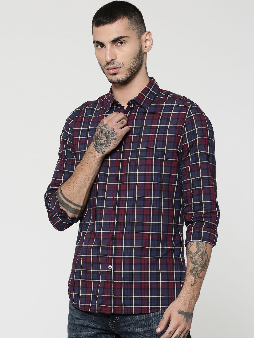 Blue & Burgundy Full Sleeves Check Shirt - S