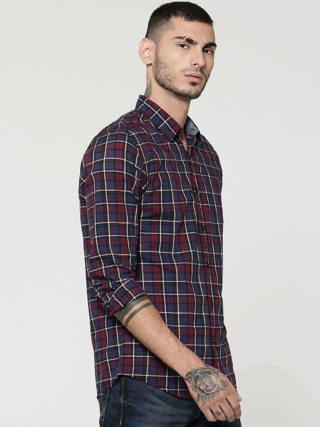 Blue & Burgundy Full Sleeves Check Shirt