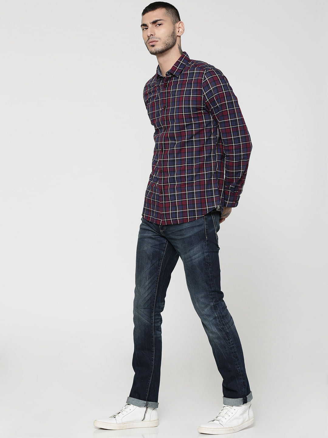 Blue & Burgundy Full Sleeves Check Shirt