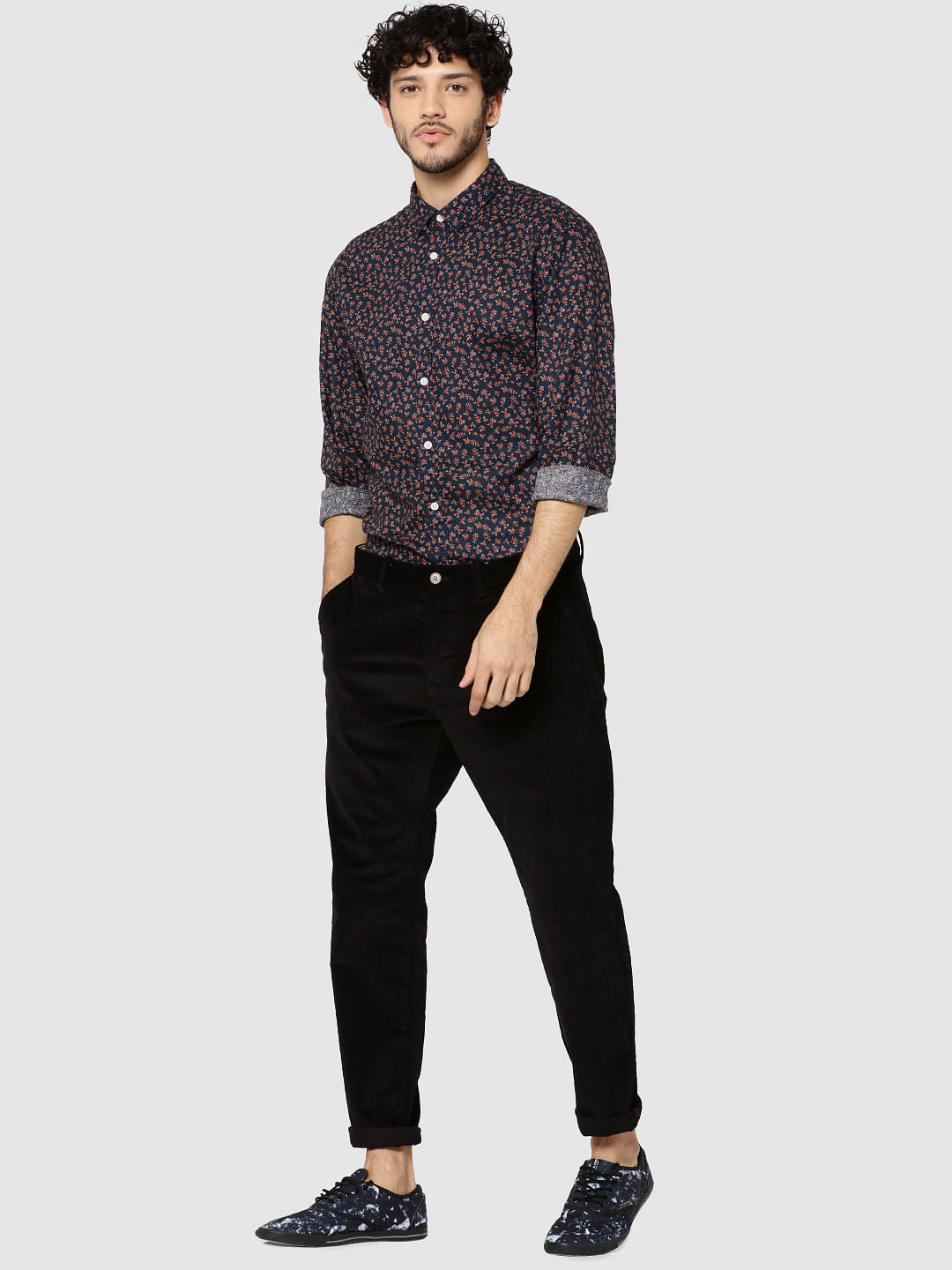 Dark Blue All Over Floral Print Full Sleeves Shirt