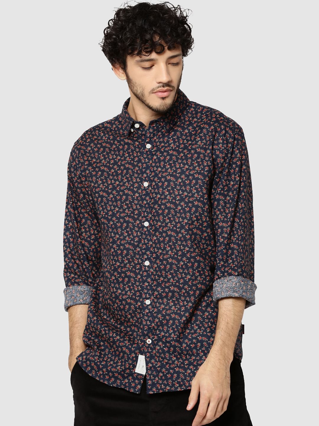 Dark Blue All Over Floral Print Full Sleeves Shirt - S