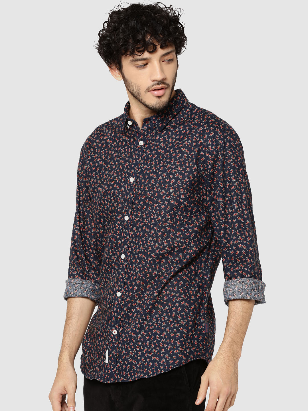 Dark Blue All Over Floral Print Full Sleeves Shirt