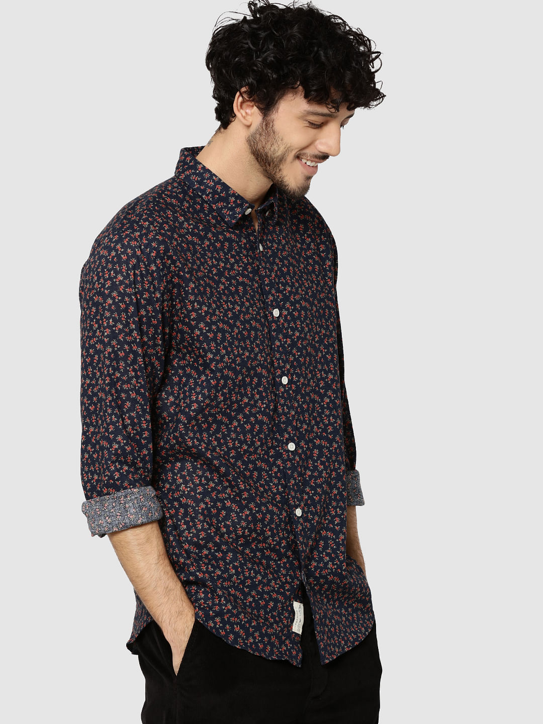 Dark Blue All Over Floral Print Full Sleeves Shirt
