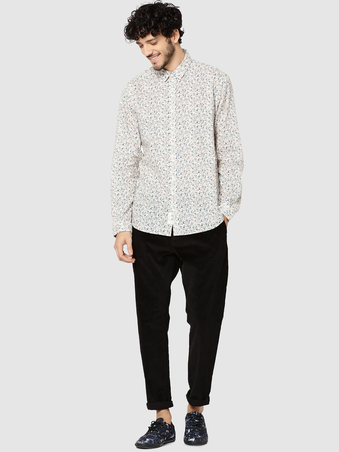Off White All Over Floral Print Full Sleeves Shirt