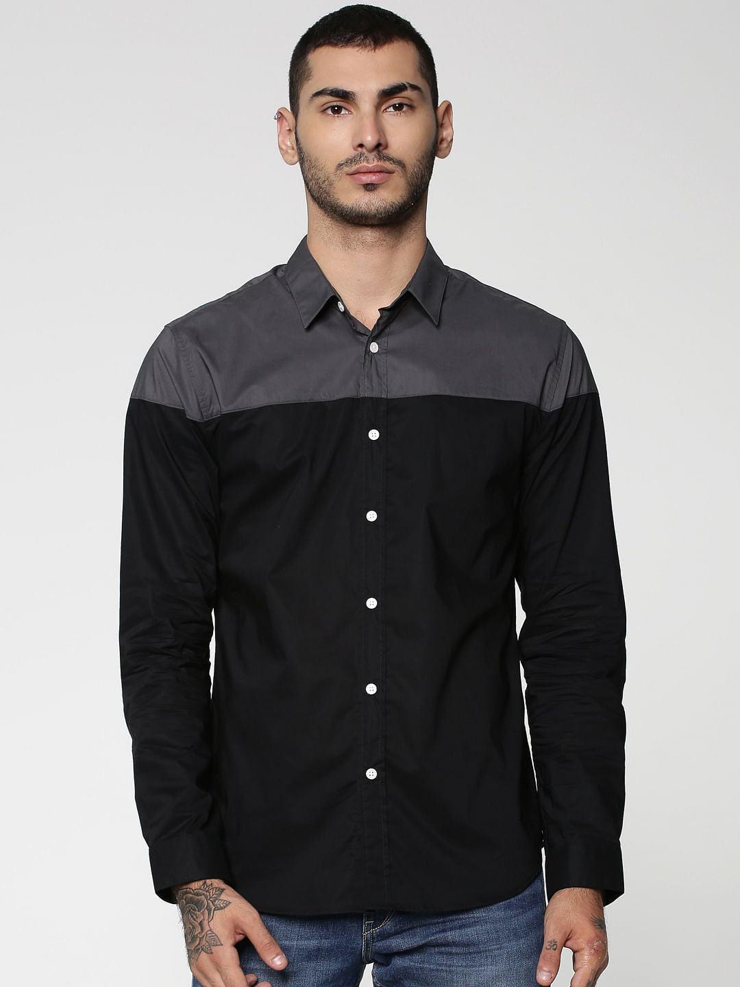 Black Colourblocked Full Sleeves Shirt