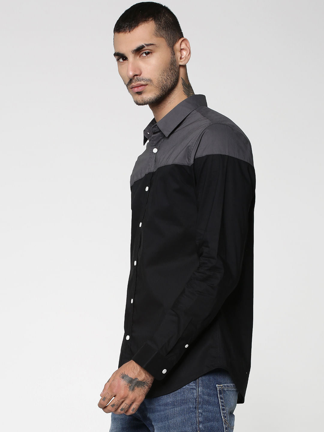 Black Colourblocked Full Sleeves Shirt