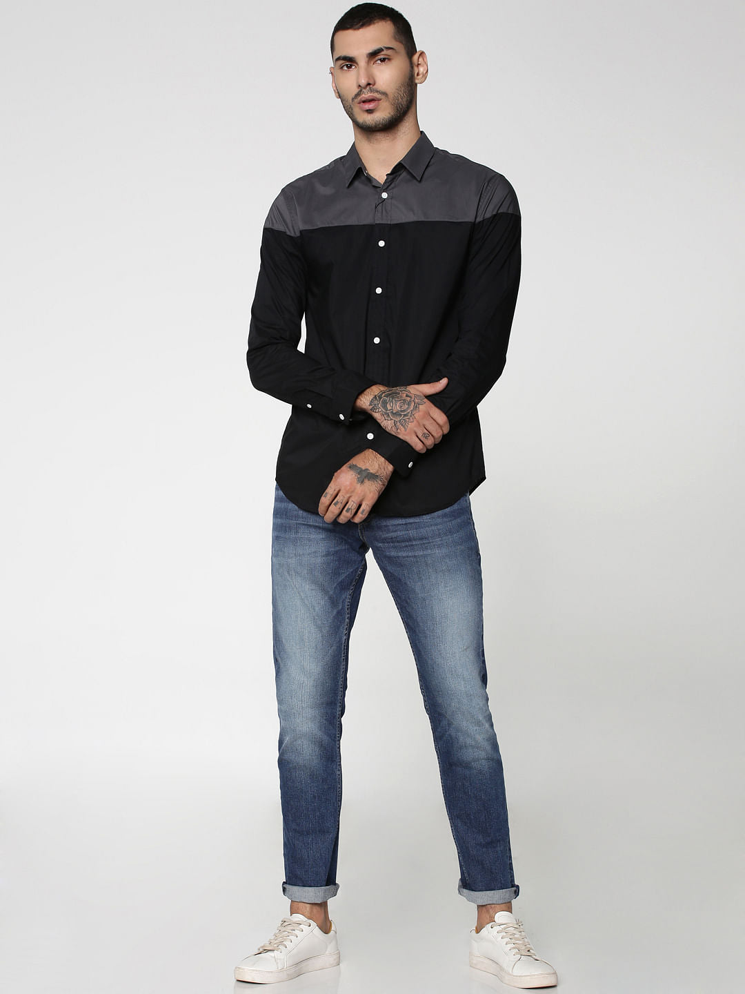 Black Colourblocked Full Sleeves Shirt