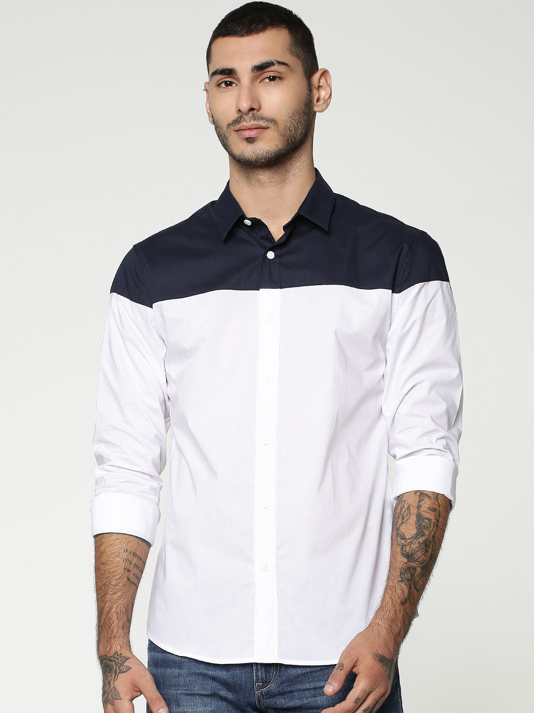 White Colourblocked Full Sleeves Shirt - S