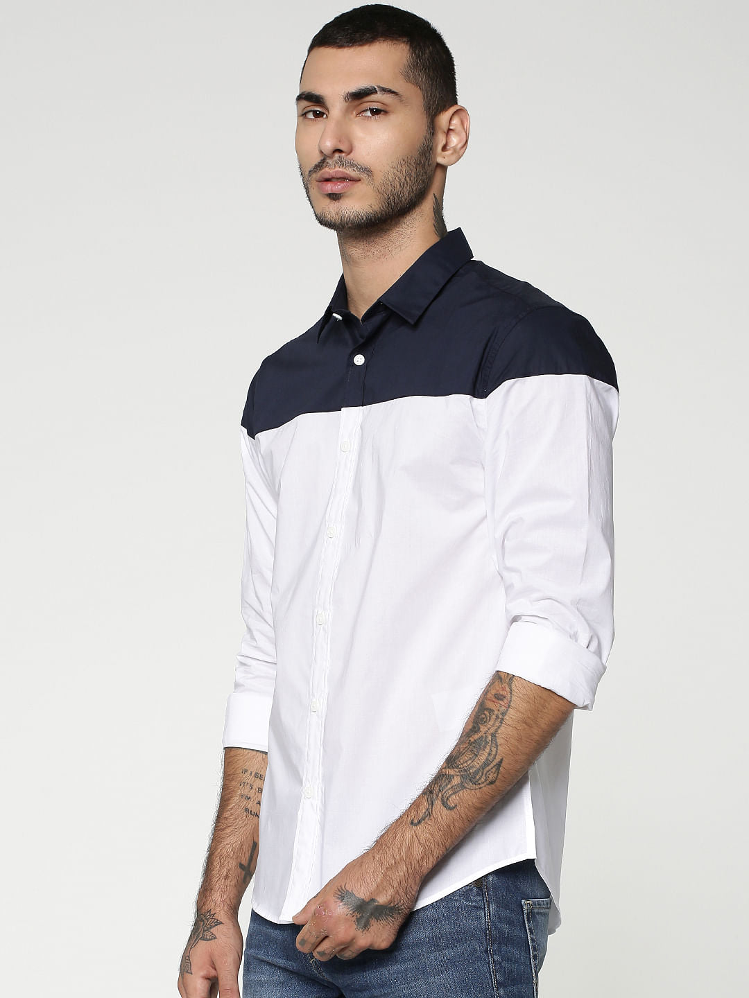 White Colourblocked Full Sleeves Shirt