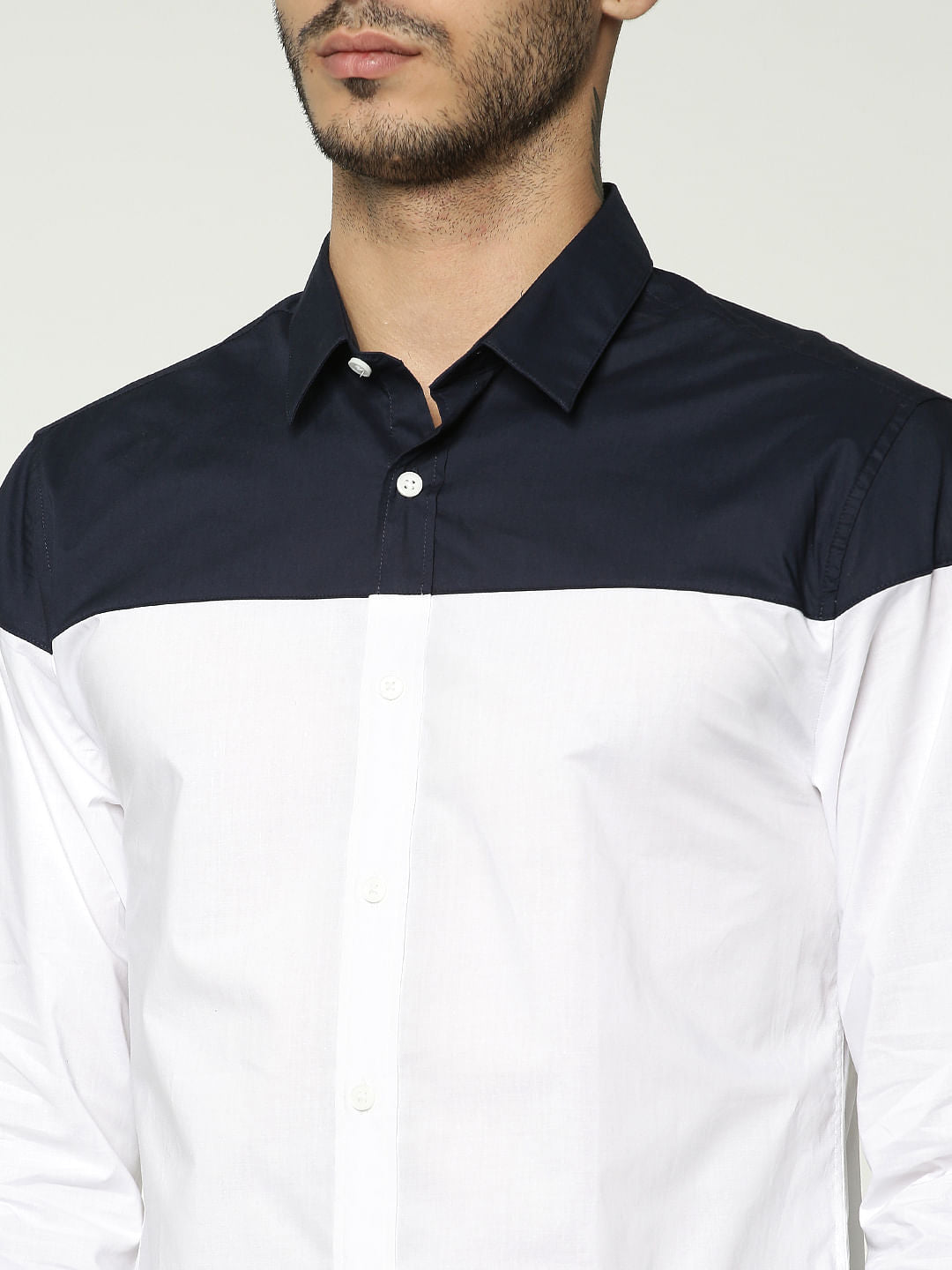 White Colourblocked Full Sleeves Shirt
