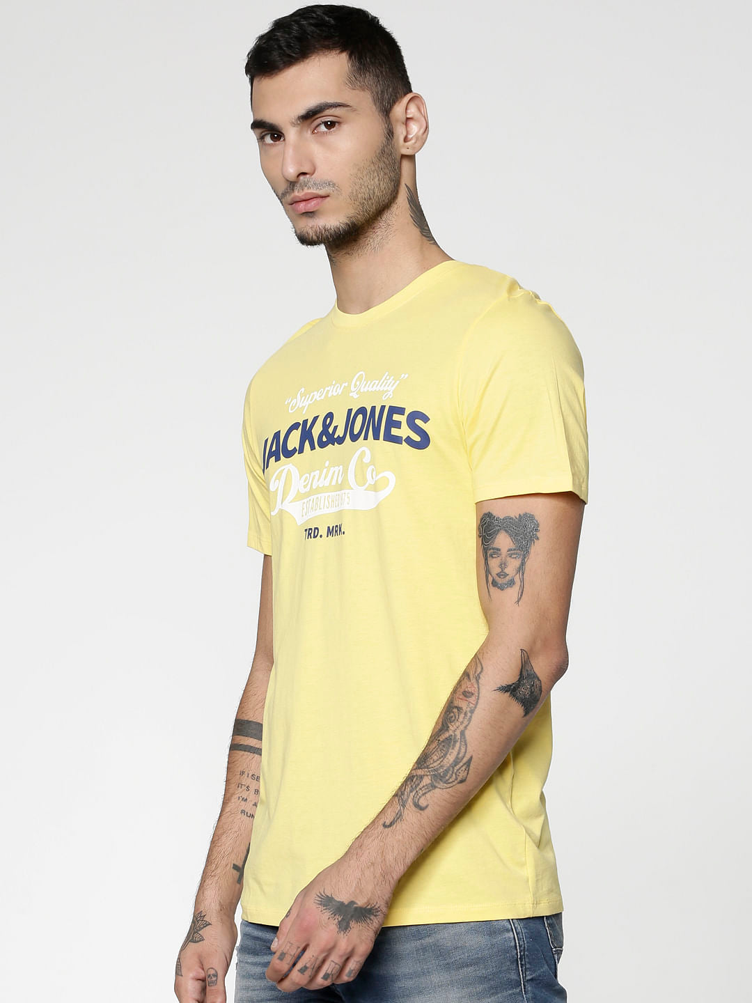 Yellow Text Print Slim Fit Crew Neck T-Shirt - S