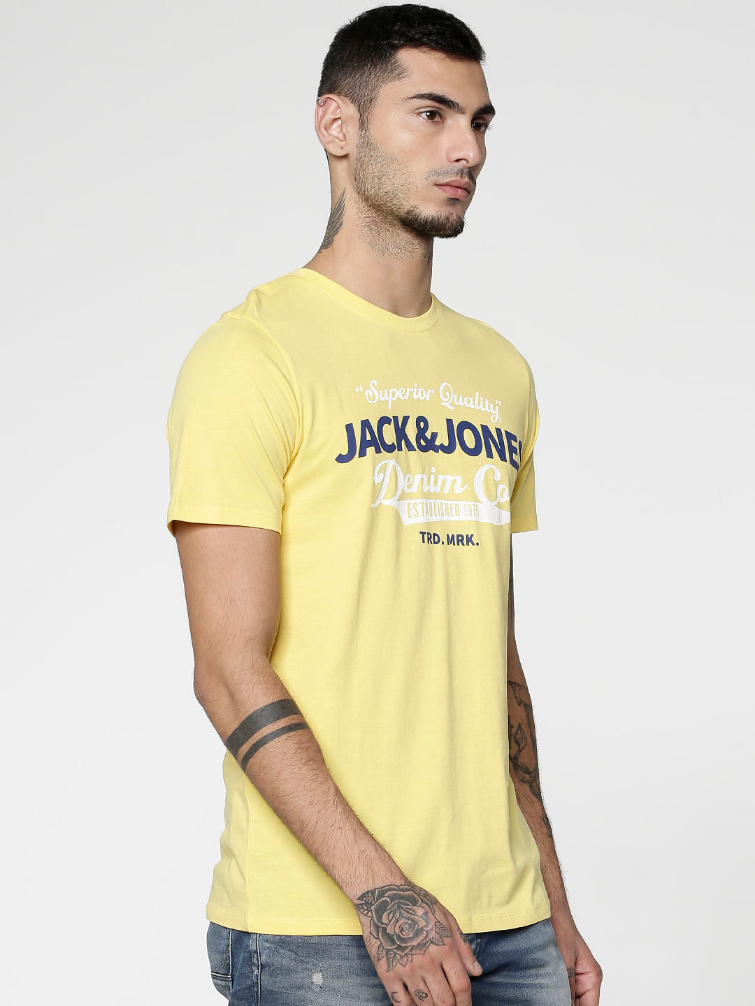 Yellow Text Print Slim Fit Crew Neck T-Shirt