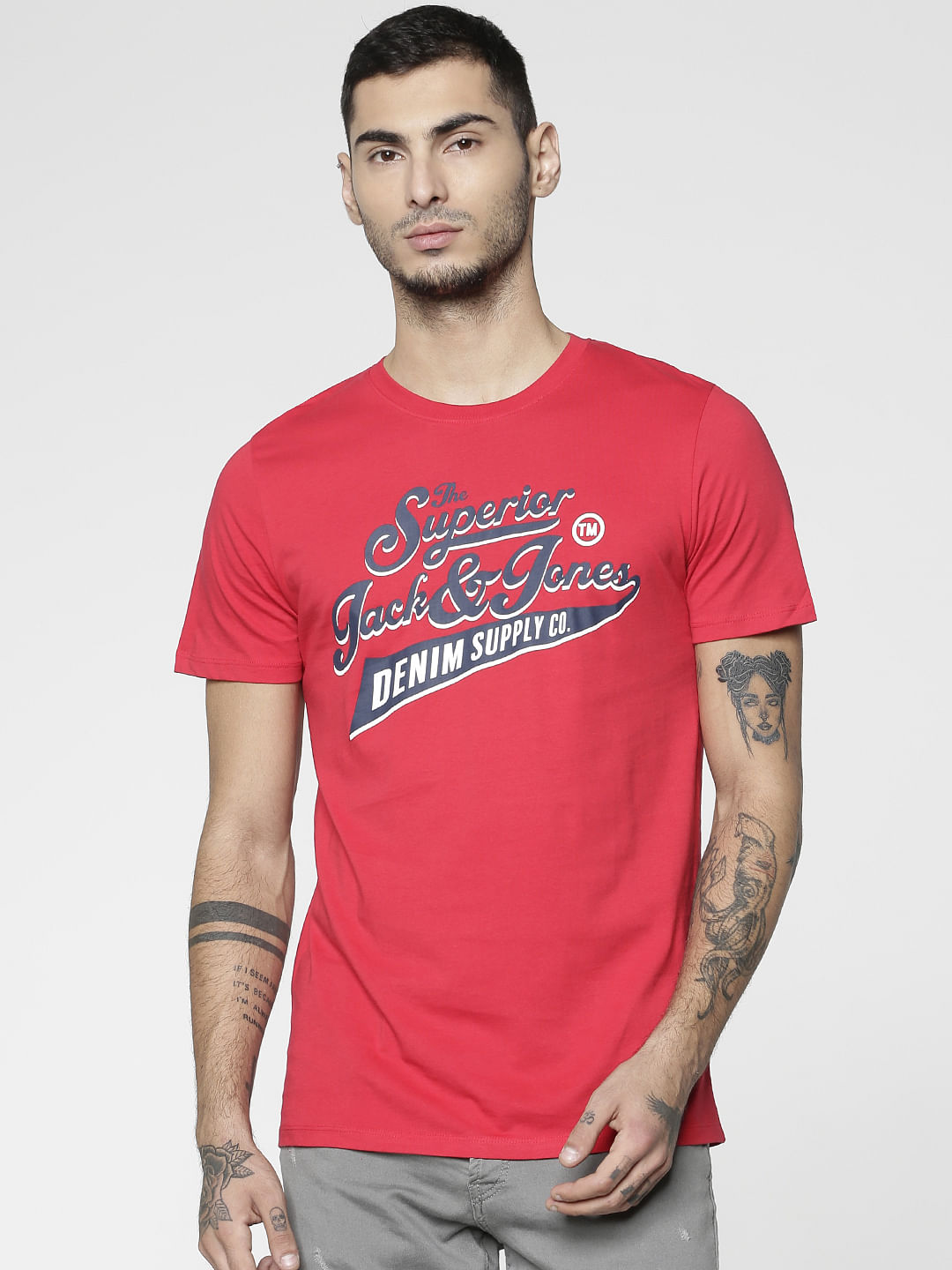 Red Text Print Slim Fit Crew Neck T-Shirt - S