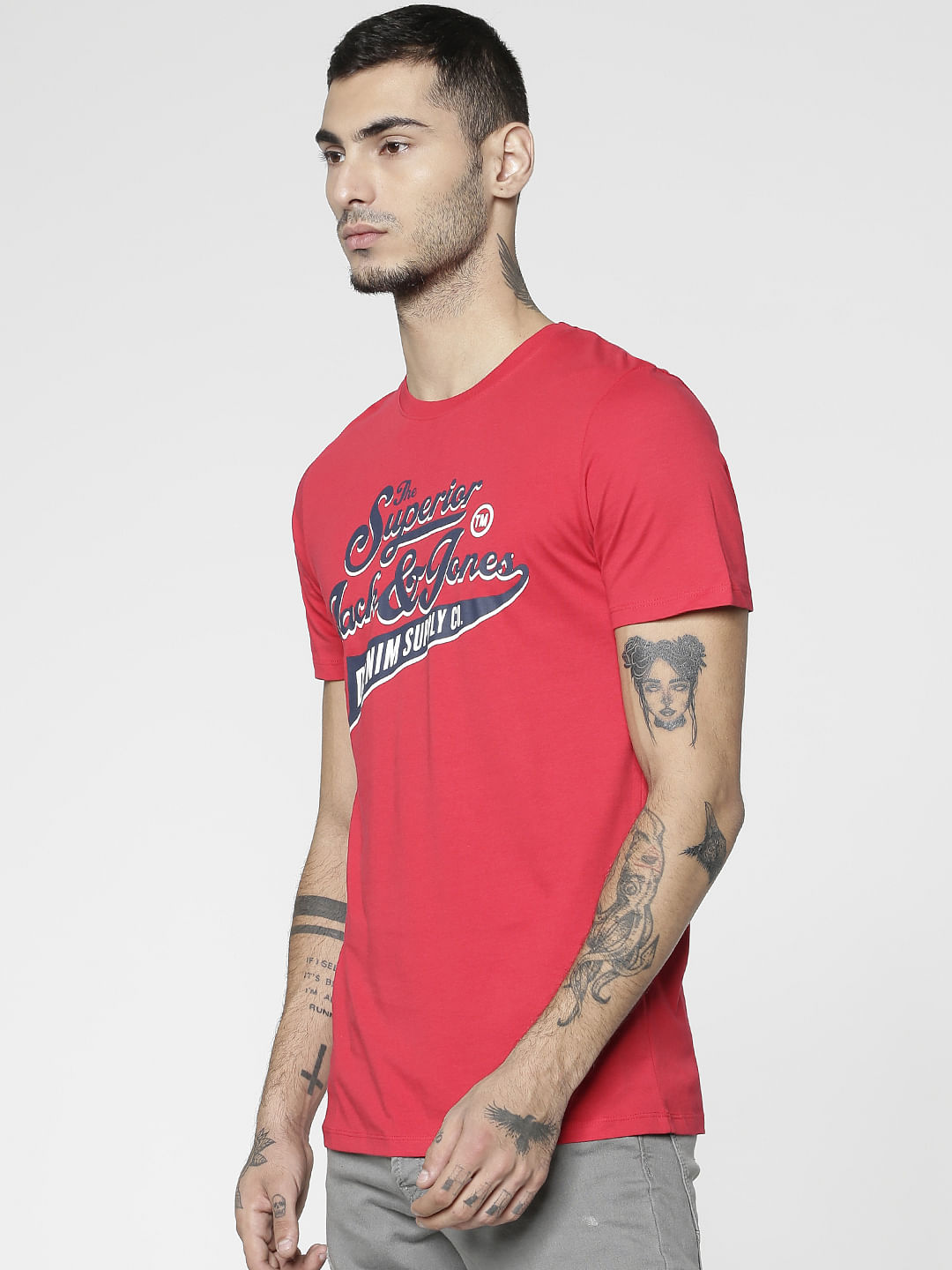 Red Text Print Slim Fit Crew Neck T-Shirt