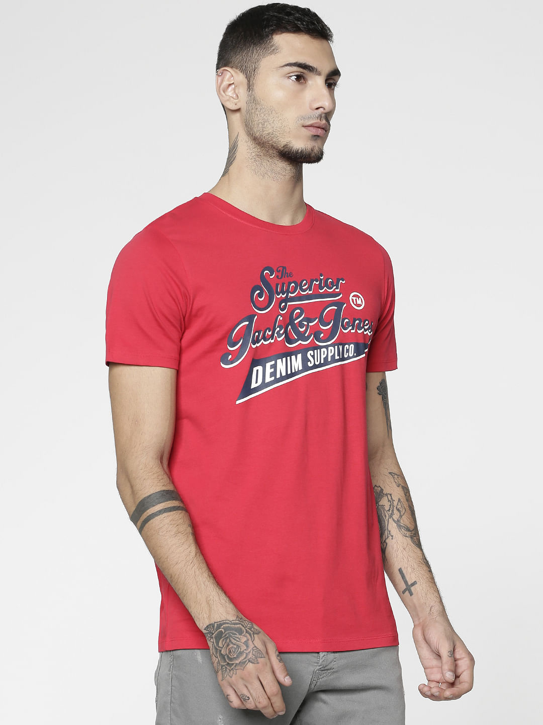 Red Text Print Slim Fit Crew Neck T-Shirt