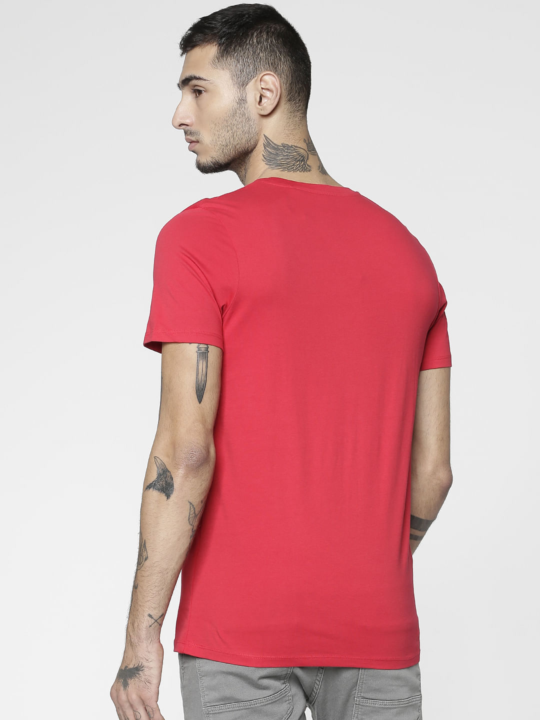 Red Text Print Slim Fit Crew Neck T-Shirt