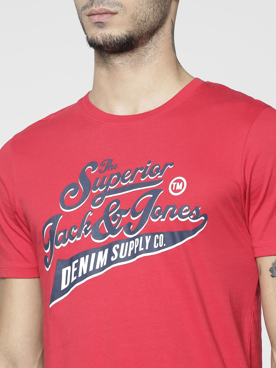 Red Text Print Slim Fit Crew Neck T-Shirt