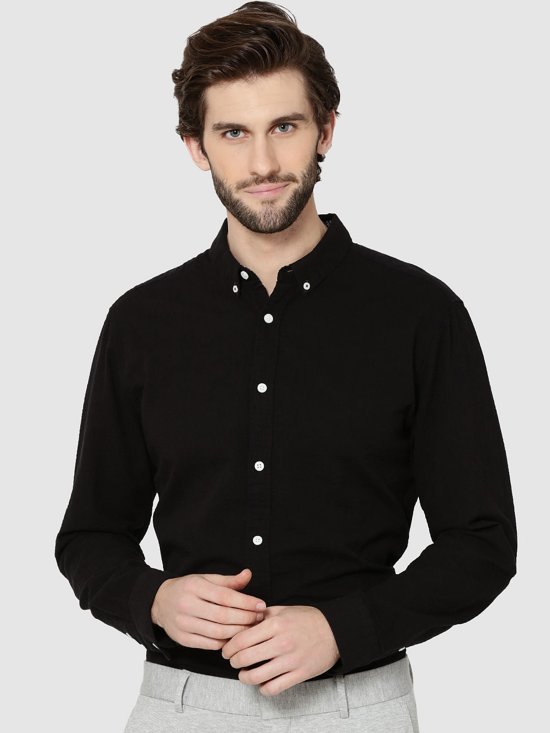 Black Contrast Collar Full Sleeves Slim Fit Shirt - S