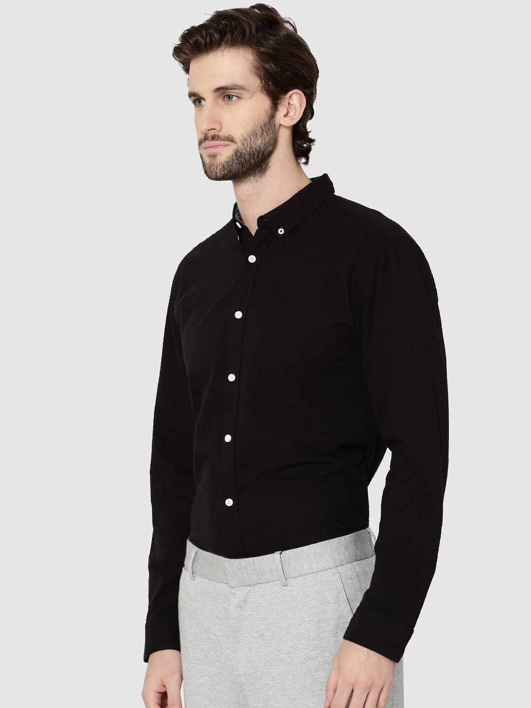 Black Contrast Collar Full Sleeves Slim Fit Shirt