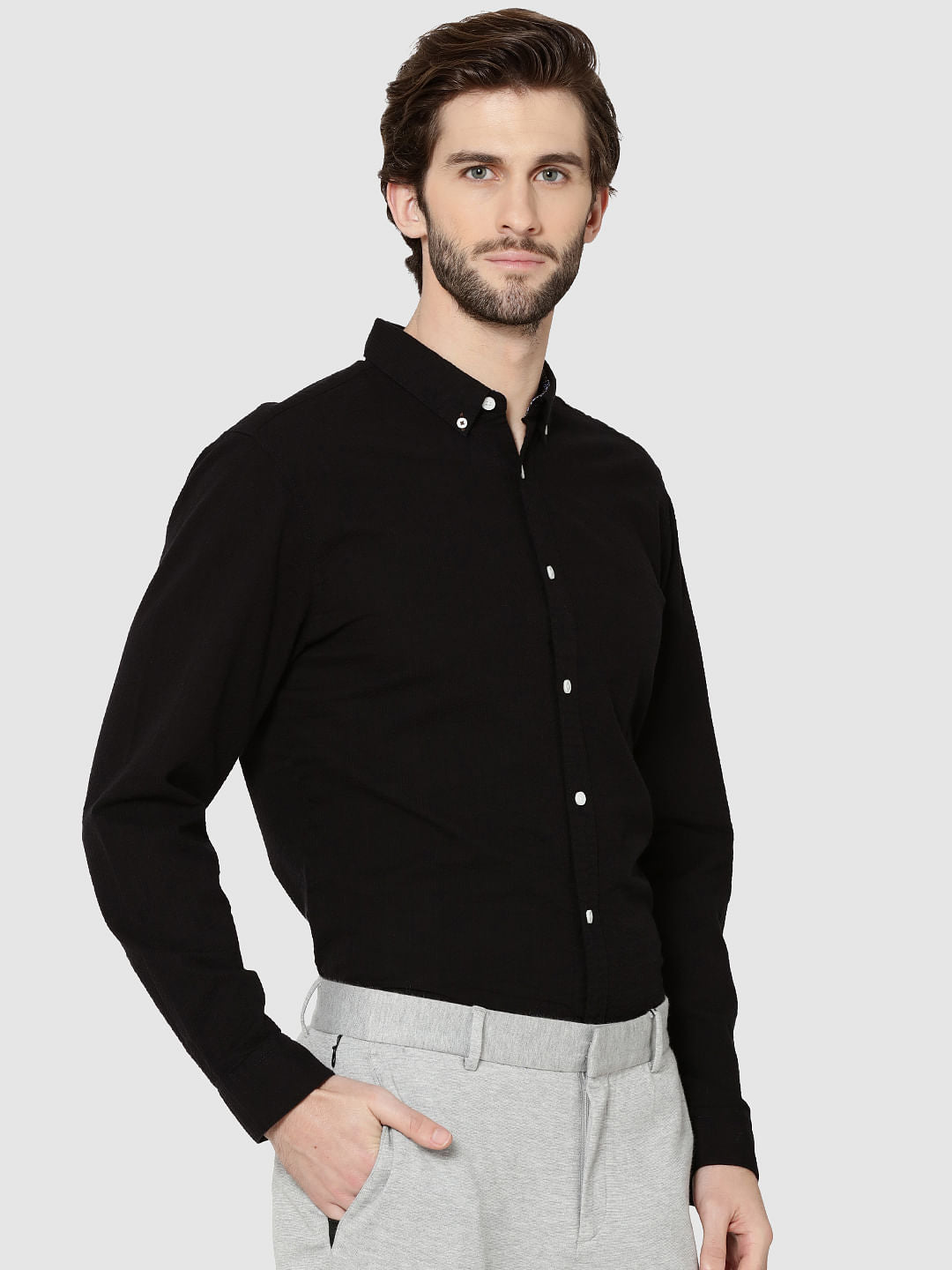 Black Contrast Collar Full Sleeves Slim Fit Shirt