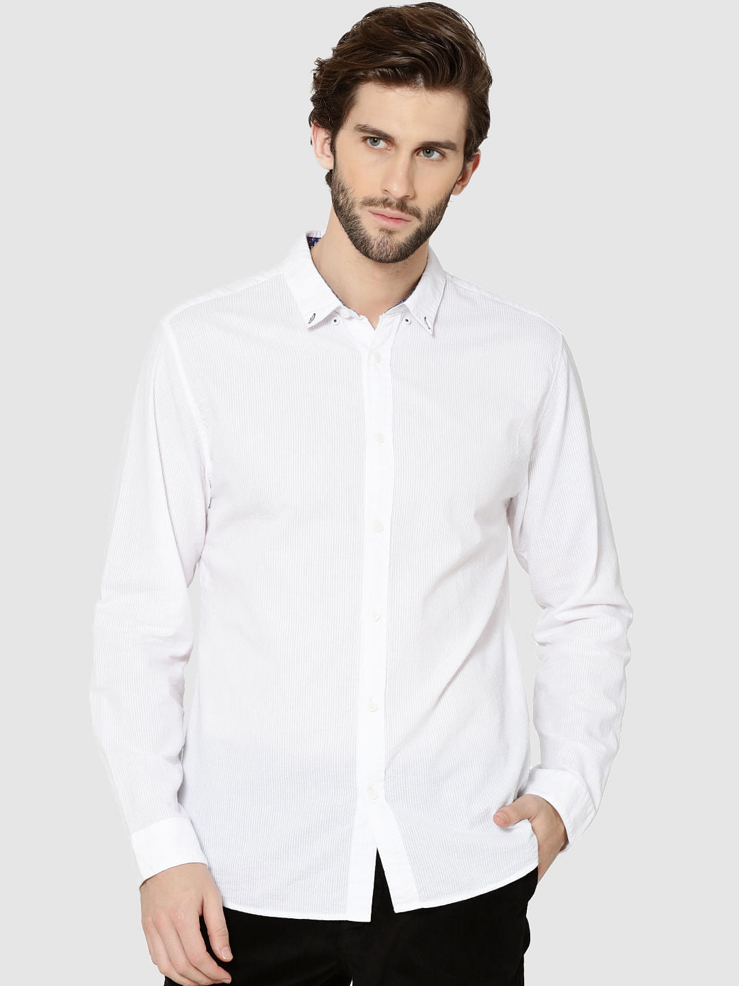 White Contrast Collar Full Sleeves Slim Fit Shirt