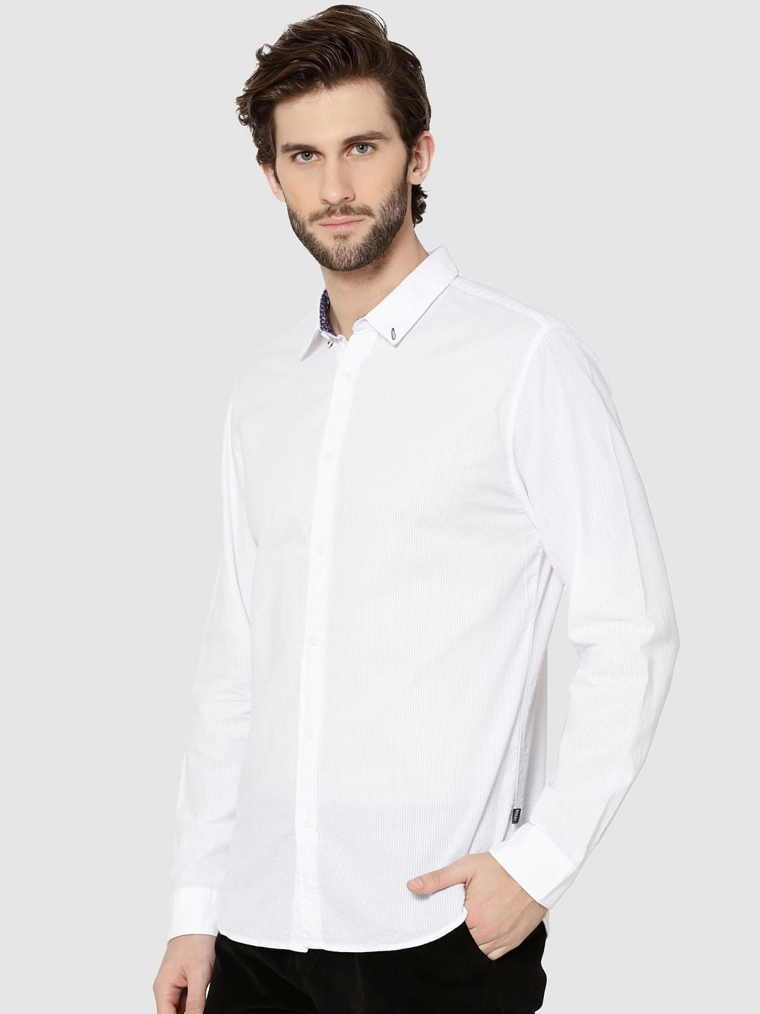White Contrast Collar Full Sleeves Slim Fit Shirt