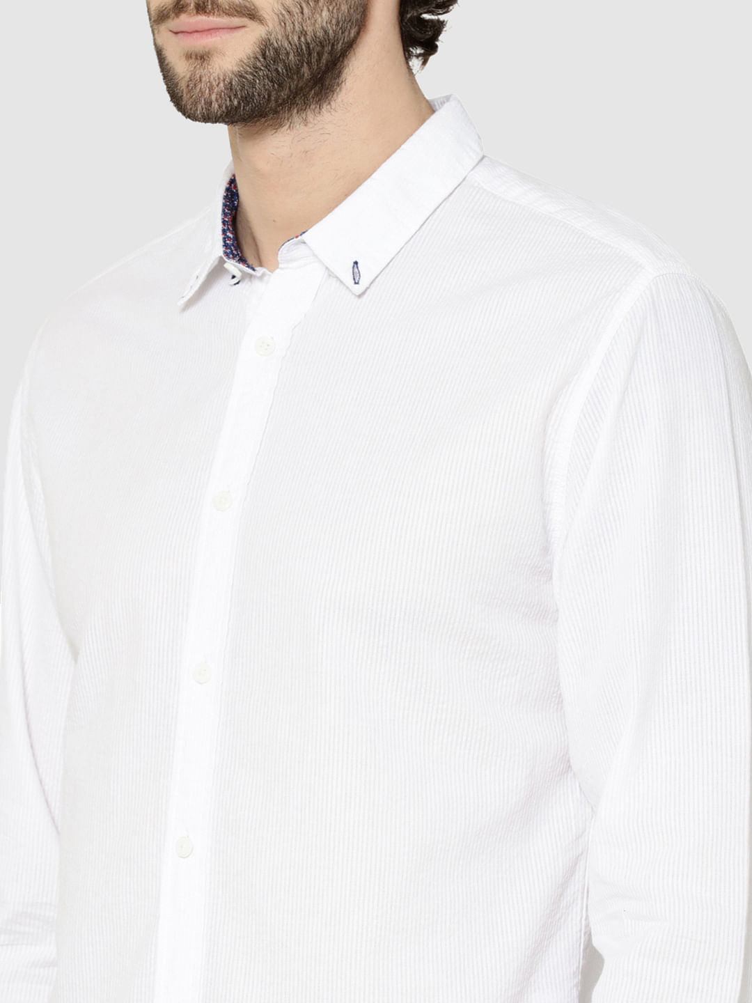 White Contrast Collar Full Sleeves Slim Fit Shirt
