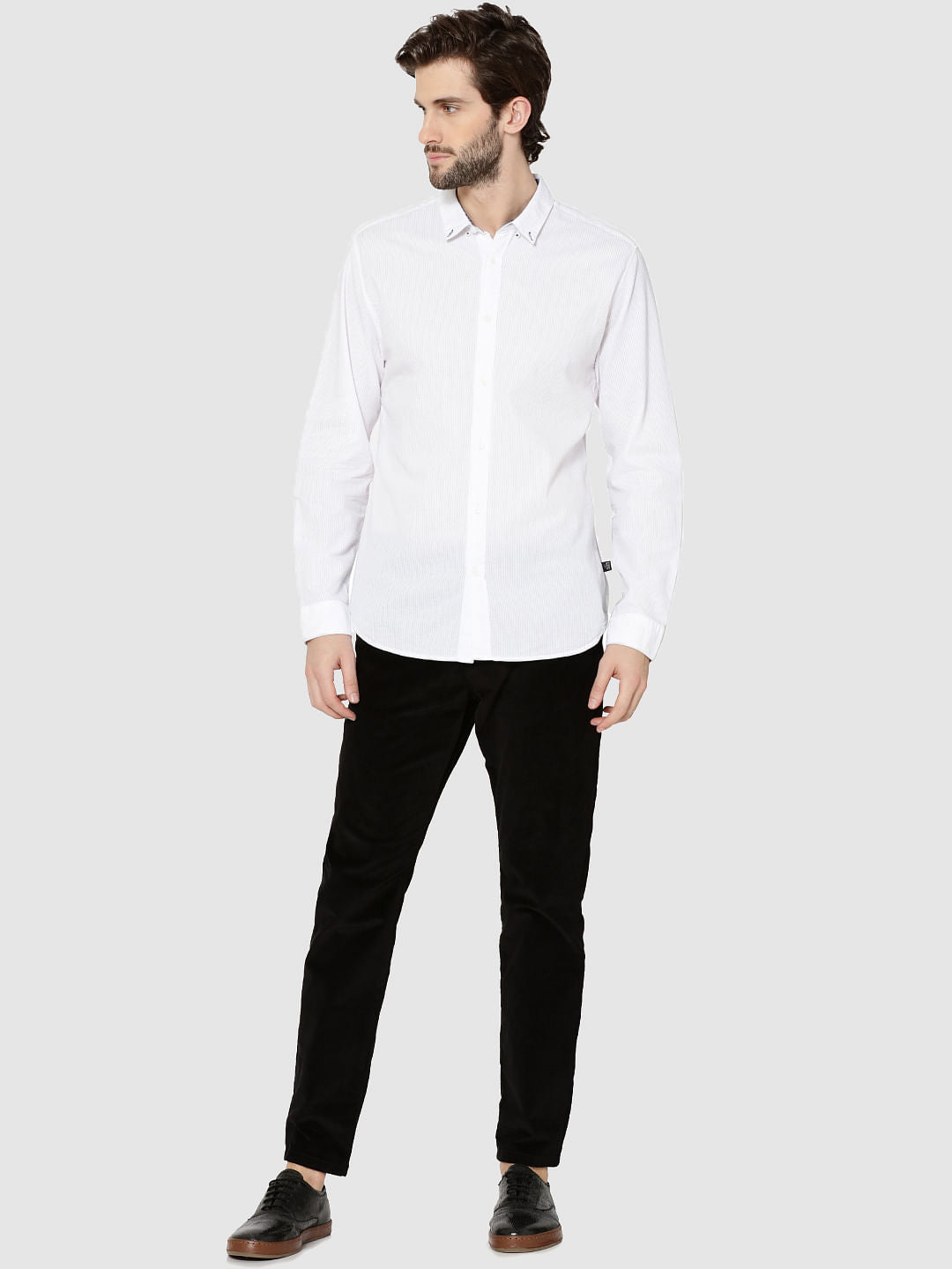 White Contrast Collar Full Sleeves Slim Fit Shirt