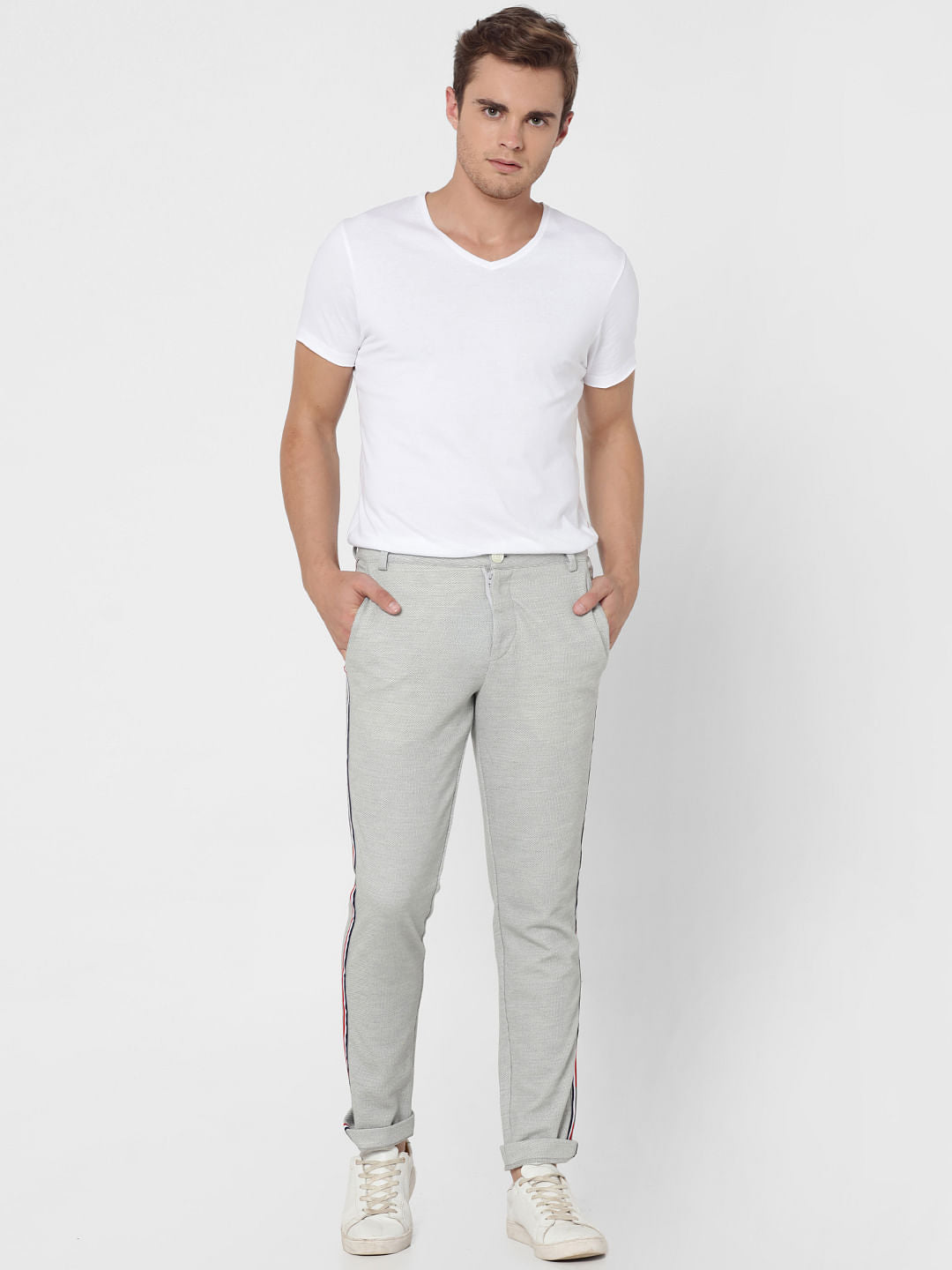 Light Grey Tape Detail Slim Fit Trousers