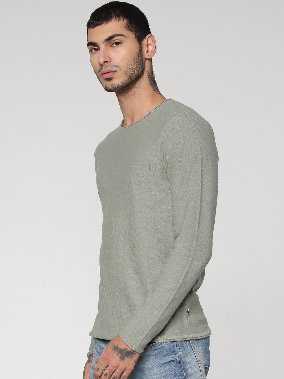 Green Slim Fit Full Sleeves Crew Neck T-Shirt