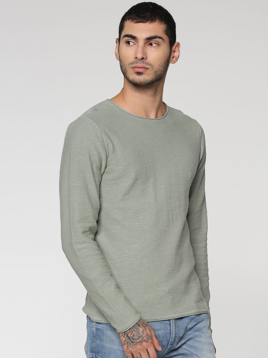 Green Slim Fit Full Sleeves Crew Neck T-Shirt